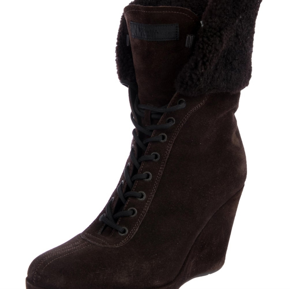 Prada Brown Shearling Lace-Up Wedge Boots Size: IT39 - Picture 5 of 5